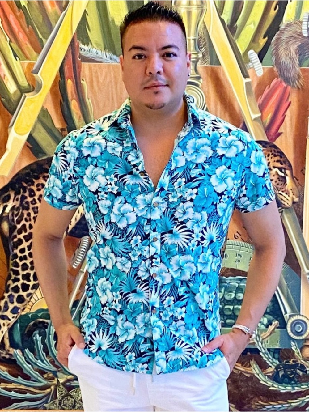 Cactus Men’s Teal & Navy Tropical Floral Button-Up Shirt